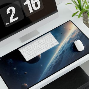 Galaxy Gaming Mouse Pad, Outer Space Deskmat, Blue Anime Aesthetic, Extended Keyboard Mouse Pad, Stars Planets XL Long Wide Extended Deskmat