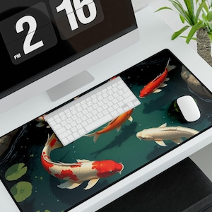 Koi Fish Pond Cottagecore Desk Mat, Anime Mouse Pad, Lofi Cute Japanese Kawaii Aesthetics, Desk Accessories Gifts for Girl Gamers
