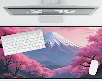 Mt Fuji Desk Mat, Cherry Blossoms Sakura Japanese Office Accessory, Japan Desk Pad Mousepad, Japanese Gaming Mouse Pad, Pink Purple Scene