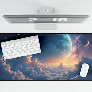 Galaxy Gaming Mouse Pad, Space Deskmat, Blue Anime Aesthetic, Extended Keyboard Mouse Pad, Stars Planets XL Long Wide Extended Deskmat