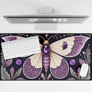 Tapete de mesa de borboleta roxa, mouse pad de mariposa, decoração de mesa de bruxa floral botânica, acessórios para plantas escuras e flores silvestres