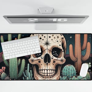 May include: A black and white skull with a star and a cactus design. The skull has a dark background with a starry sky and cacti. The skull is surrounded by cacti and other desert plants.