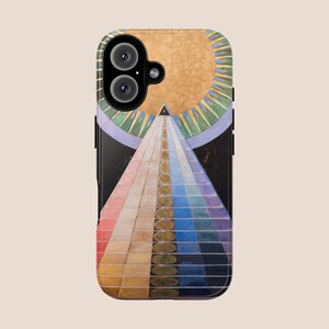 May include: A phone case featuring a colourful abstract design with a pyramid shape and a circle at the top. The design is reminiscent of a painting with a variety of colours, including yellow, blue, green, and red.