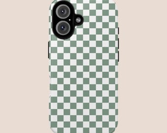Checkered Sage Green Retro Phone Case For iPhone 16 15 14 13 12 11 • All Models • For S25 S24 S23 S22 S21 S22 • For Google Pixel • Plaid