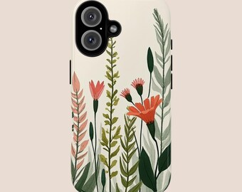 Funda para iPhone 16, 15, 14, 13, 12 y 11 con diseño vintage de flores y plantas con dibujos botánicos. Compatible con S24, S23, S22, S21, S10, S20 y S8.