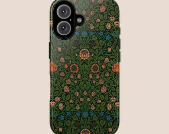 Funda de lujo con diseño floral botánico, verde oscuro, naranja y azul para iPhone 16, 15, 14, 13, 12 y 11 • Todos los modelos • Para S24, S23, S22 y S21 • Google Pixel