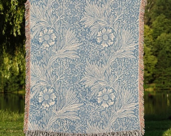 Blue Marigold by William Morris Woven Blanket, Tapestry Throw, Home Decor, Bedding, Gift for Her, Holiday Present