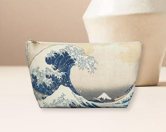 Hokusai Tsunami Zipper Pouch - Artistic Fabric Makeup Bag, Travel Organizer, Cosmetic Bag, Gift for Art Lovers