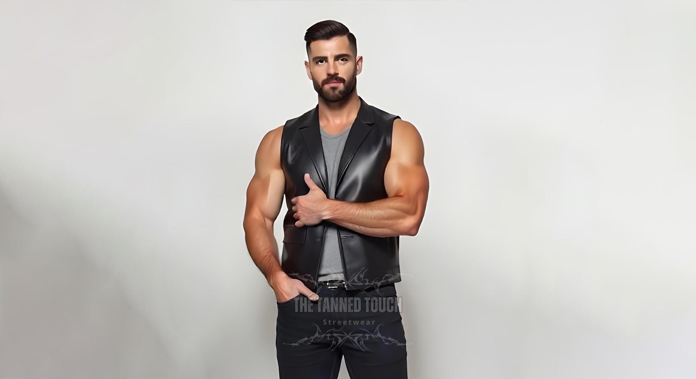 Off-pat Men's Genuine Leather Open Vest – Deep V-Neck, Biker Cut, Loose Fit