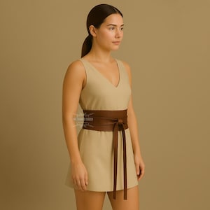 Brown Leather Obi Belt: Wide Wrap Waist Cincher with Bow