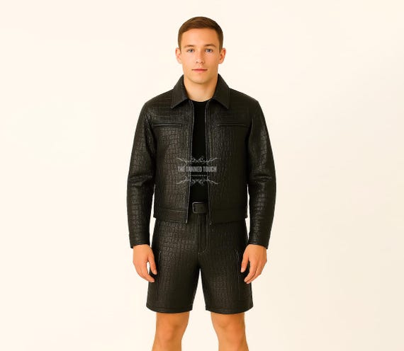 Men's Custom Fit Black Leather Jacket Shorts: Crocodile Texture