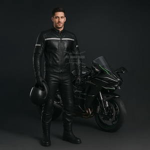 Men&#39;s Black Leather Motorcycle Suit – Full Set | Biker Gear | Leather Riding Outfit | Custom Made | Black Biker Jacket and Pants Set for Men