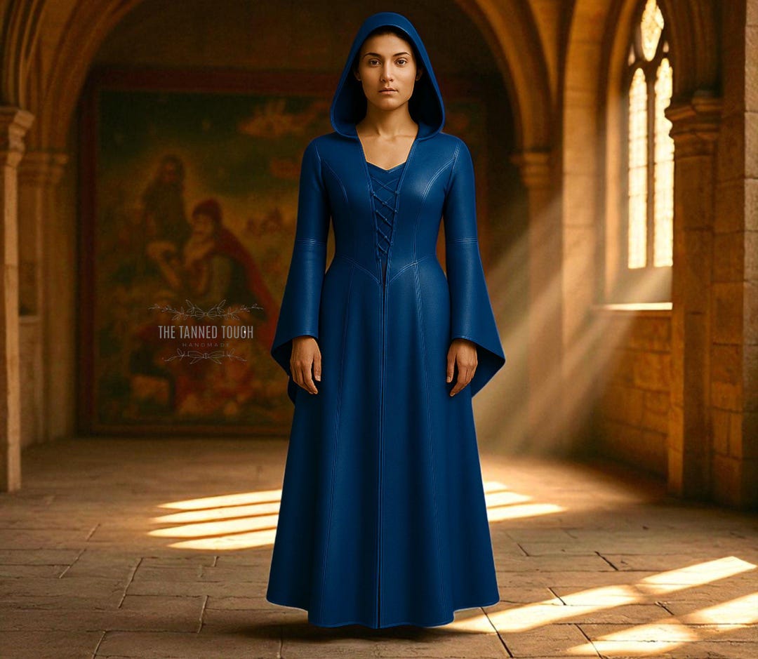 Blue Medieval Hooded Dress: Genuine Leather Renaissance Gown - Etsy