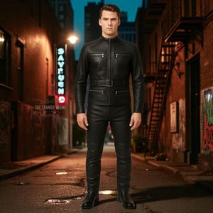 Men’s Black Leather Jacket & Pants Set | Biker Motorcycle Outfit | Handmade Gothic Steampunk Suit | Custom Leather Clothing