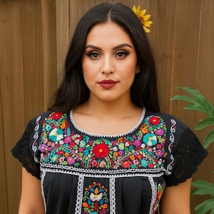 Precious “Linda” Black Hand Embroidered with EXTRA Embroidered areas &quot;San Antonio&quot; Blouse made in Puebla, MX in size S, M, & L
