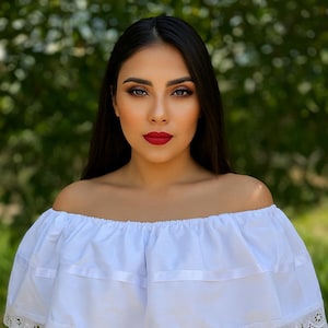 White Peasant Blouse - with satin white ribbon & white lace