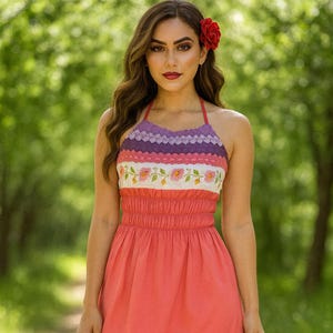 Cute Artisanal Halter Dress - Handmade Coral Dress