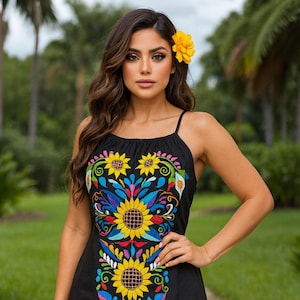 Gorgeous Sunflower Strap Embroidered Dress - Mexican Embroidered Dress - Floral Designs - S-L