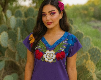 Handmade Rainbow Embroidered Blouse – Mexican Floral Top, Medium