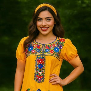 Mexican Floral Embroidered Thigh Length Blouse - Handmade Artisanal Blouse