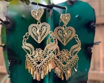 Arrow Heart - Gorgeous & Elegant Mexican Artisanal Gold Plated Filigree Earrings - Beautiful Folkloric Earrings made by our Oaxaca Partners