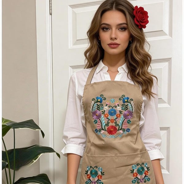 Impresionante delantal de cocina bordado con diseño floral artesanal / Accesorios de cocina únicos