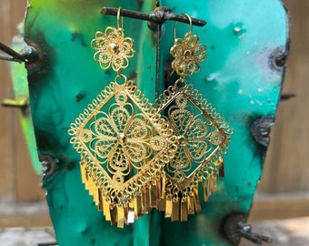 Gold Plated Mexican Earrings: Oaxaca Artisan Rombo Design