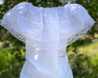 White Peasant Blouse - with sating white ribbon & white lace