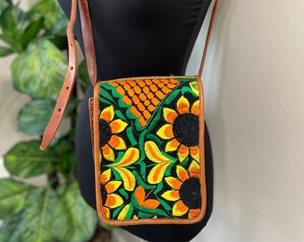 Embroidered Genuine Leather Bag - Handmade Sunflower Side Bag