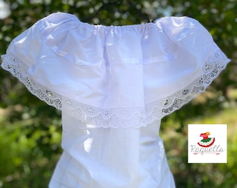 White Peasant Blouse - with sating white ribbon & white lace