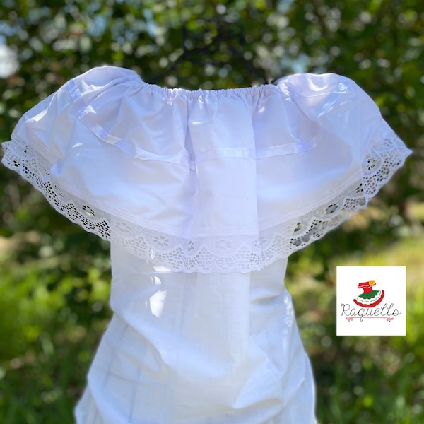 White Peasant Blouse - with sating white ribbon & white lace