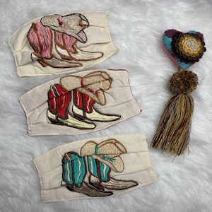 Cowgirl Boots Embroidered Face Mask - Handmade Embroidered Face Mask