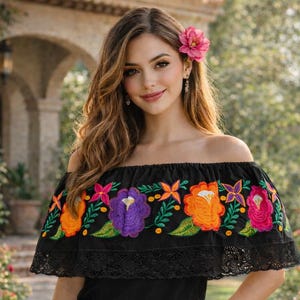 Geborduurde blouse met ruches – Off-the-shoulder zomertop 'Teresa'