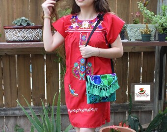 70s RARE bright red hand-embroidered mexican puebla dress