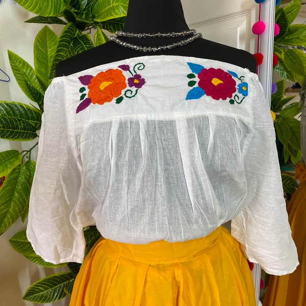 Off The Shoulder Embroidered Loose Fit Gauze Blouse