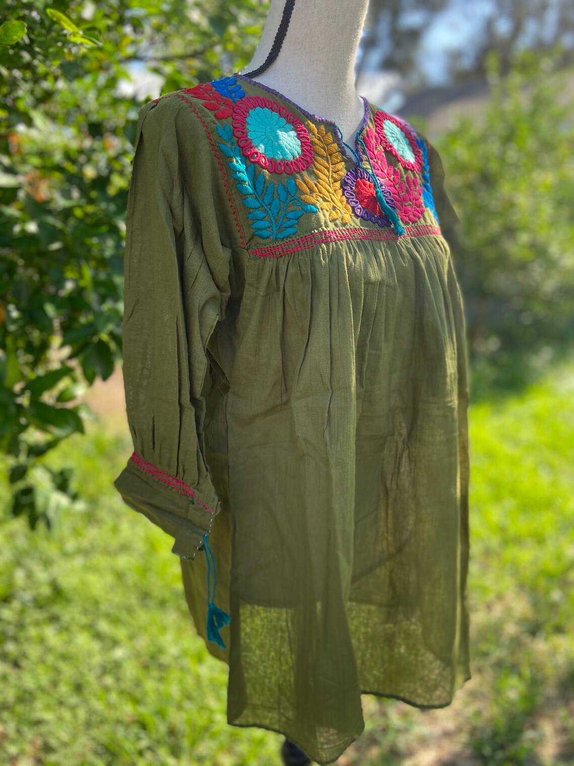 Olive Green Gauze Tunic/blouse Embroidered Sun Etsy