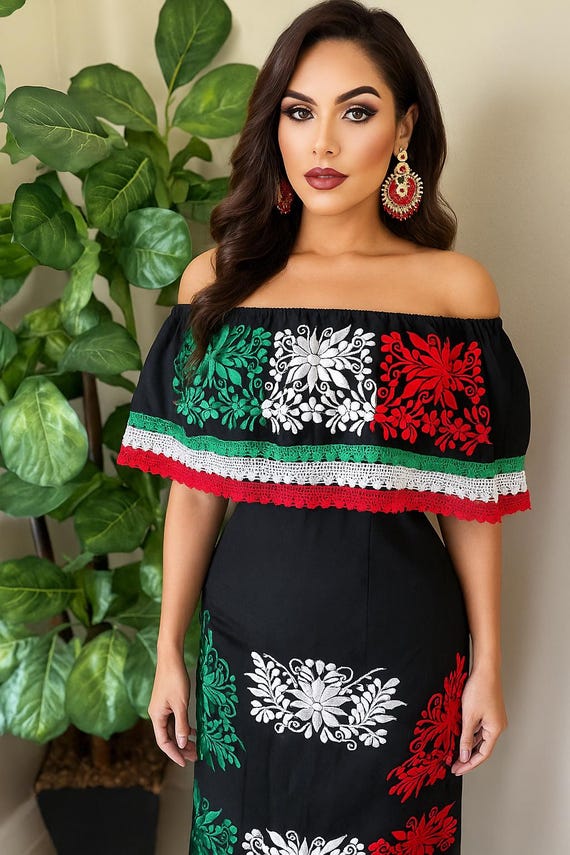 XL Mexican Dress: Red White Green Embroidered Off-Shoulder Fiesta Outfit