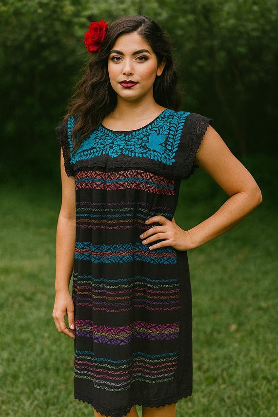 hand embroidered mexican dress Chilac Embroidered Mexican Long Dress