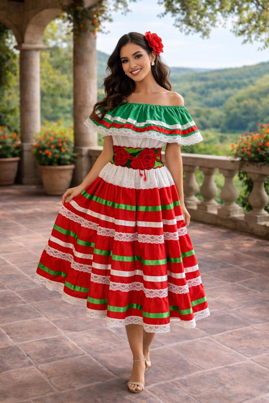 Mexican Fiesta Dress: Red White Green Off-shoulder Popelina (embroidered Belt Included)