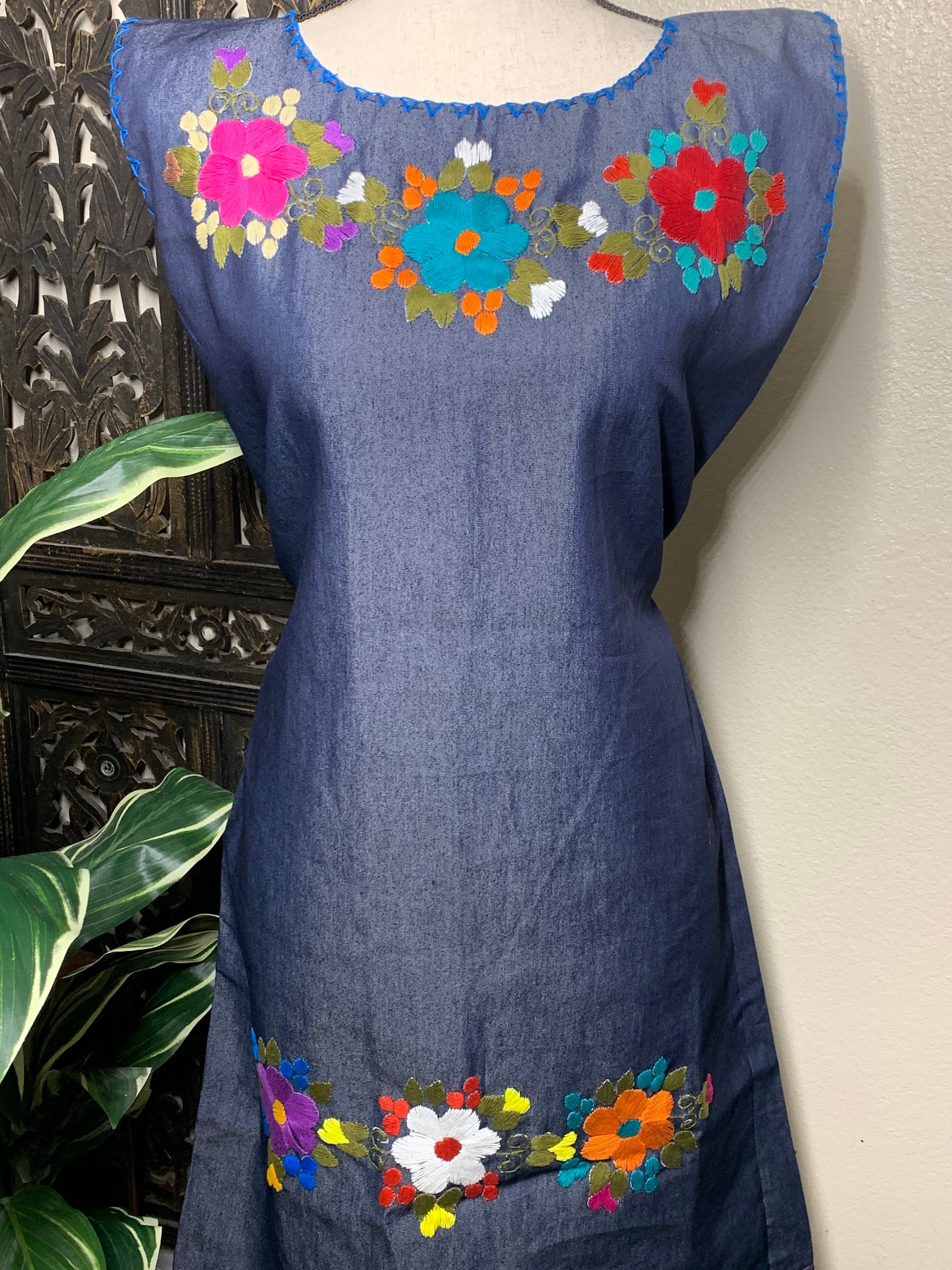 Hand Embroidered Denim Dress - Artisan Made Denim Floral Dress - Etsy