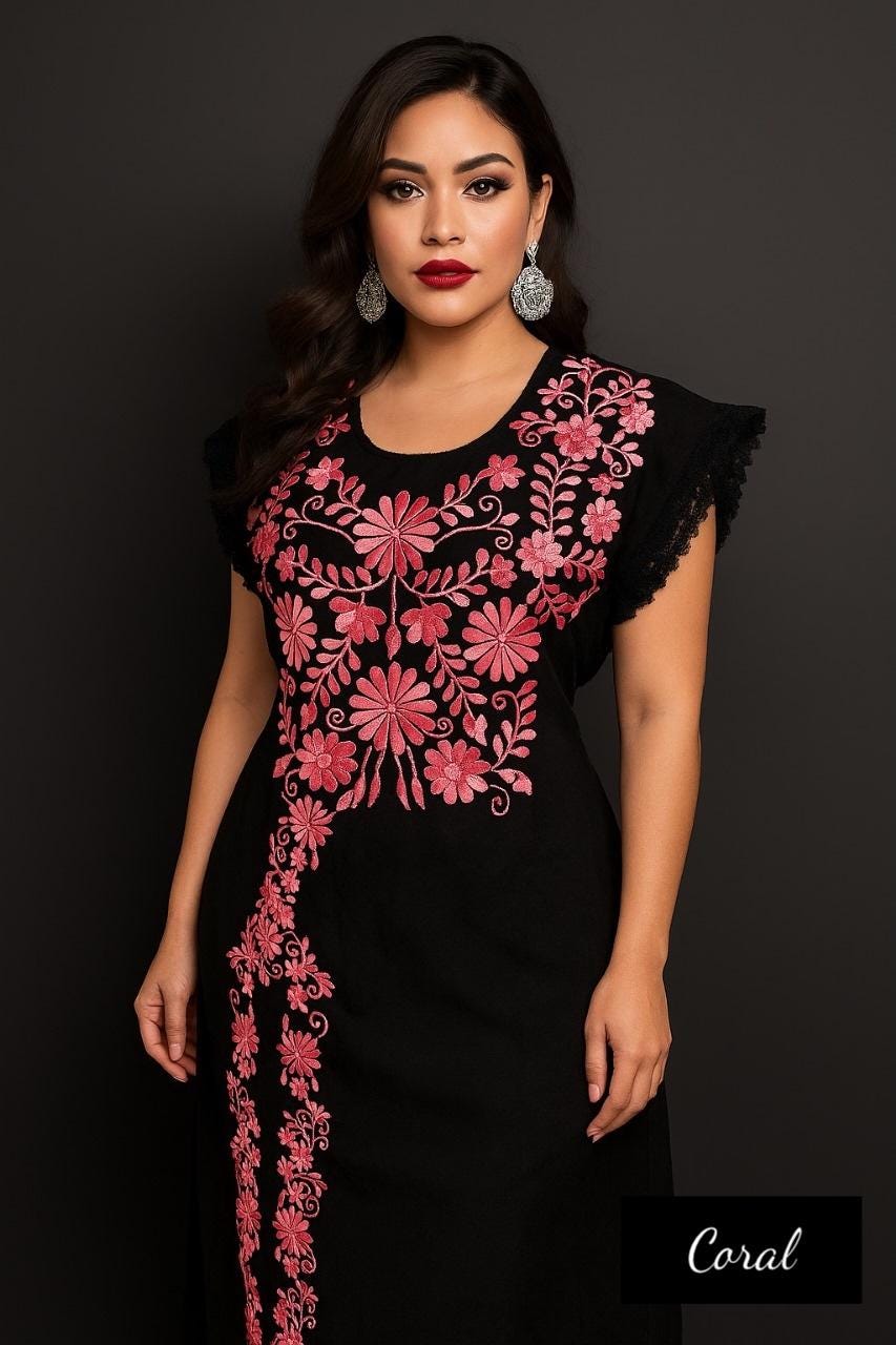 Gorgeous Mexican Embroidered Maya - Artisanal Dress - details crafted with Pedal machine - Simply Elegant - Small - 2X