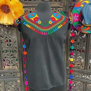 Precious Black Hand Embroidered Rainbow Blouse - Handmade Artisanal Blouse