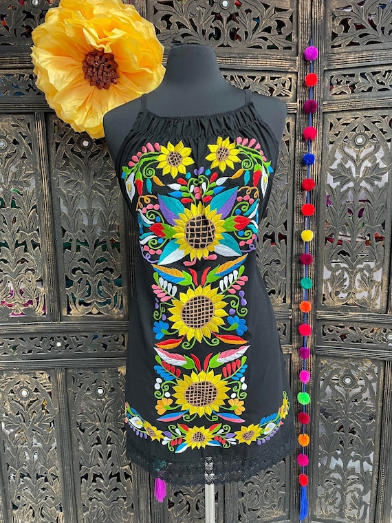 Embroidered Strapless Sunflower Dress Gorgeous Sunflower Strap Embroidered  Dress Mexican Embroidered Dress Floral Designs S-L