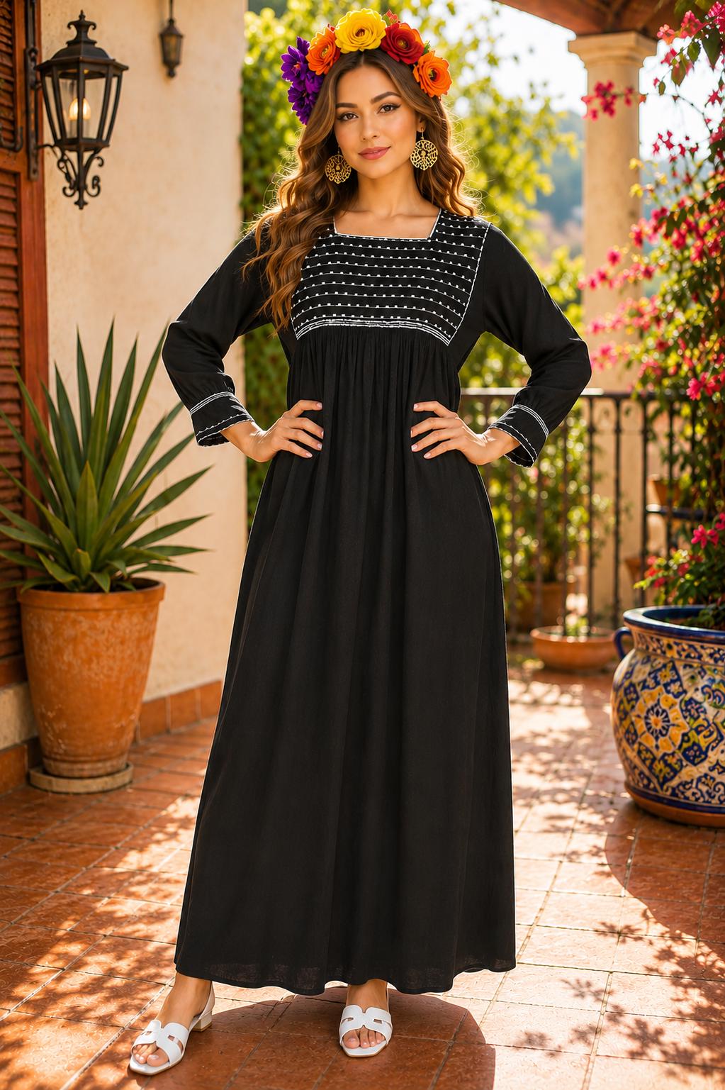 Handmade Mexican Embroidered Cotton Dress - Loose Fit S/M