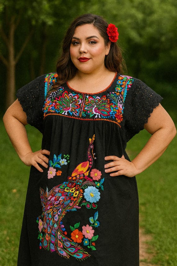 green emerald velvet dress Long Puebla Embroidered Dress