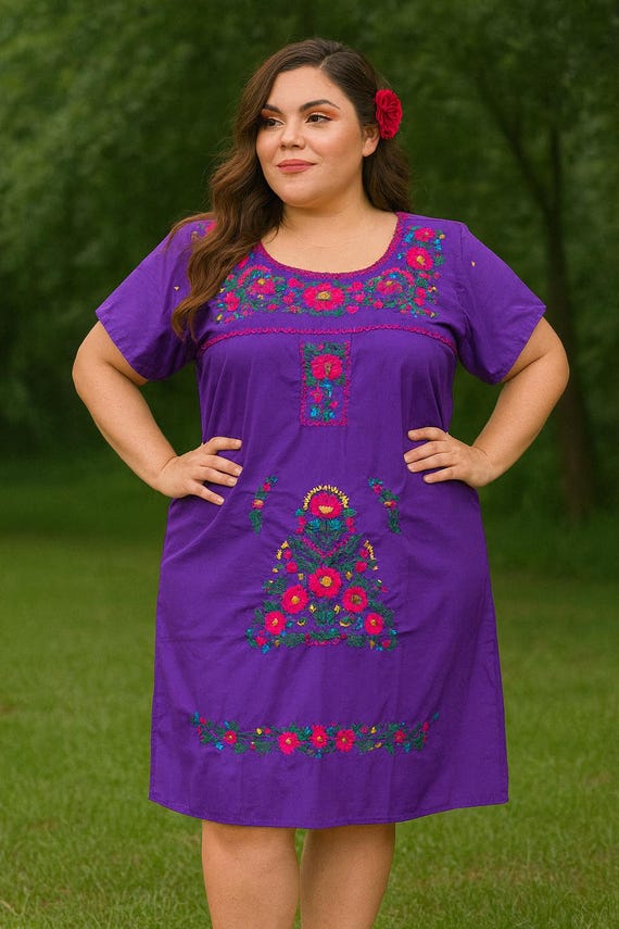 Hand Embroidered Mexican Dress - Puebla Floral Artisan Folklorico Style