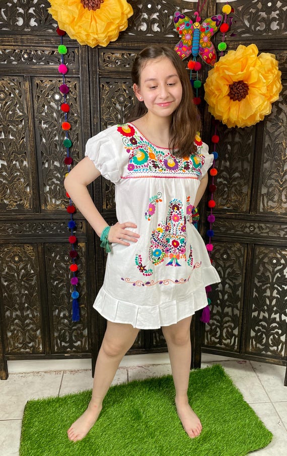 Hand Embroidered Mexican Fiesta Dress: Women's Cotton