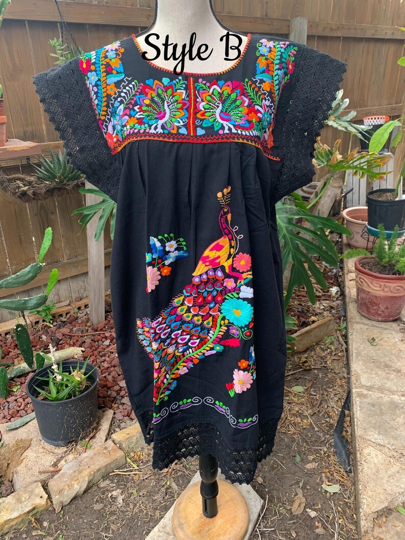 Hand Embroidered Mexican Dress From Puebla - Light Cotton, Loose Fit, Traditional Multicolor Design