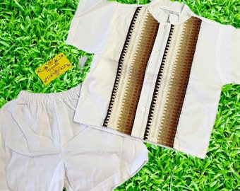 Boys Artisanal Guayabera "Maya" Set - Handmade Boys Outfit - Size 2 (24M)