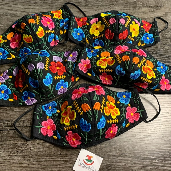 Black Mexican Floral Mask - Embroidered Face Mask